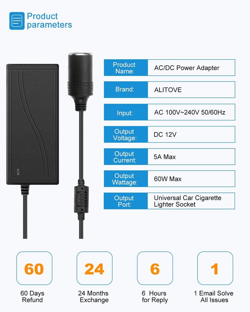 ALITOVE محول AC إلى DC 12V 5A 60W محول من 110V إلى 12V محول ولاعة سجائر إلى قابس حائط محول 120V AC إلى DC للأجهزة الصغيرة مثل مكنسة السيارة، جهاز تدليك، مروحة، شاحن سيارة MP3 وأجهزة أخرى تحت 60W - Image 2